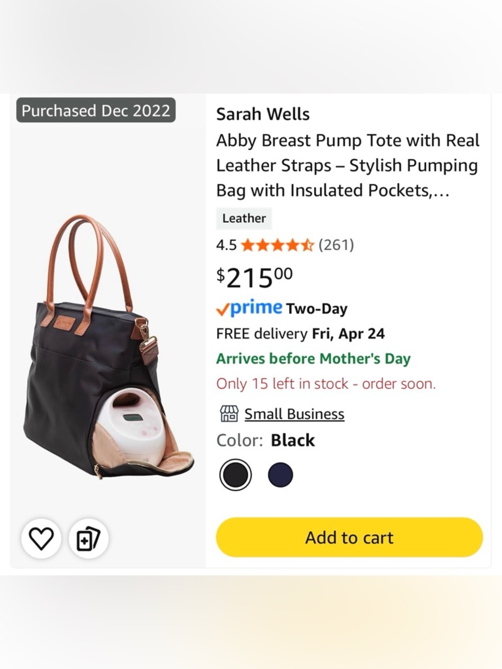 Sarah Wells Black Tote with Tan Leather Handles - Picture 5 of 7